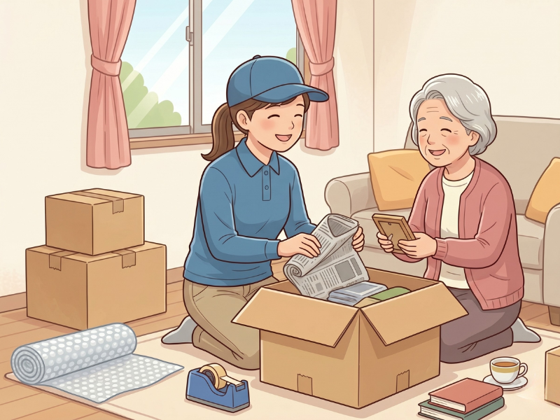 高齢女性と女性スタッフが笑顔で荷造りをしているイラスト