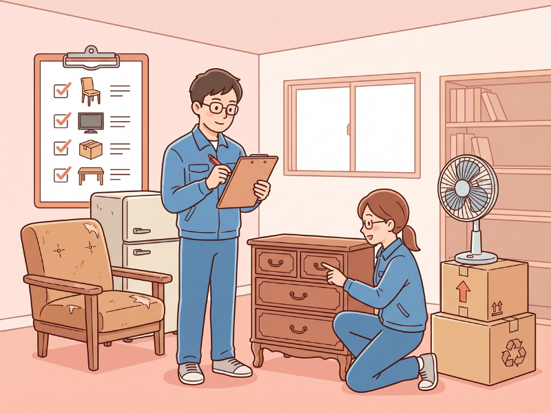 スタッフが家具のリストチェックをしているイラスト