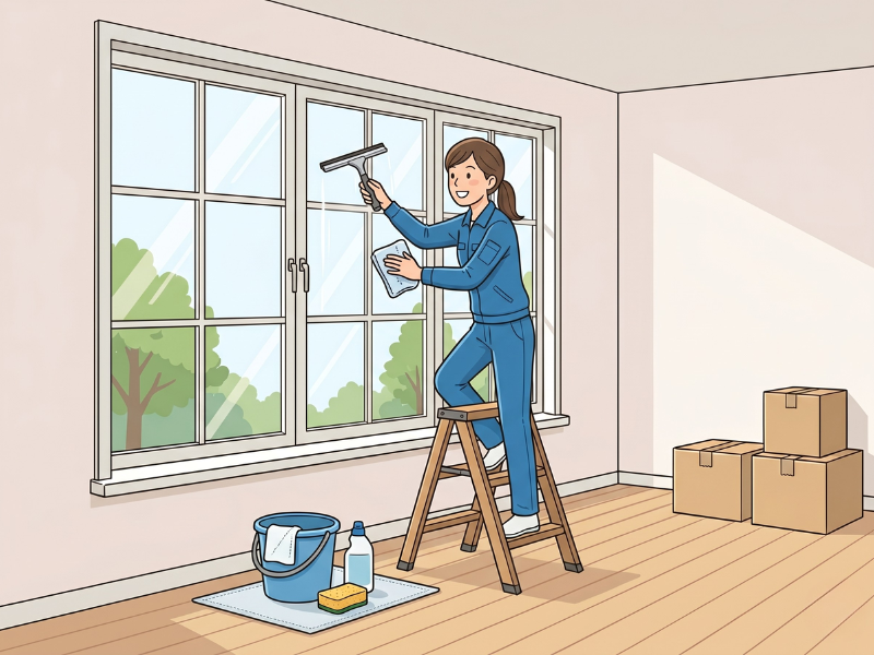 女性スタッフが窓拭き清掃をしているイラスト