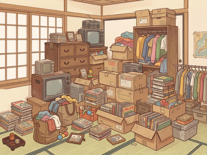 和室に荷物が散乱しているイラスト