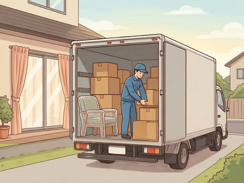 引越しトラックに荷物を積むスタッフのイラスト